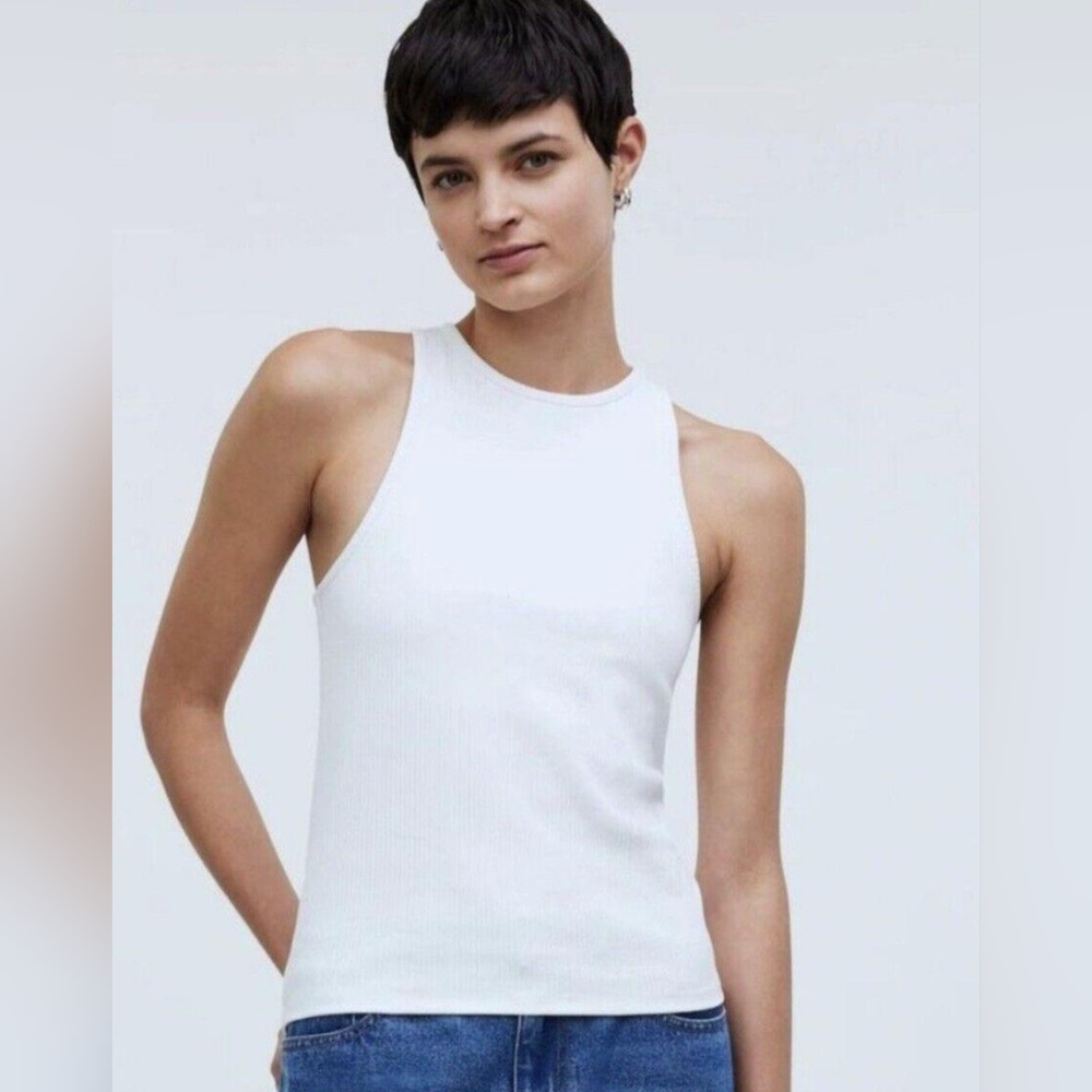 New Madewell Highneck Tank in Sleekhold White Small Women NWT Top White Stretch